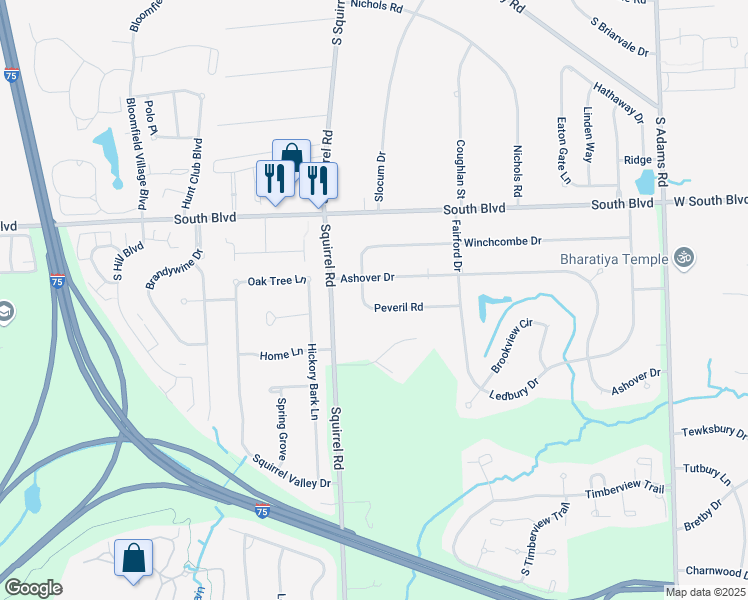 map of restaurants, bars, coffee shops, grocery stores, and more near 1151 Peveril Road in Bloomfield Hills