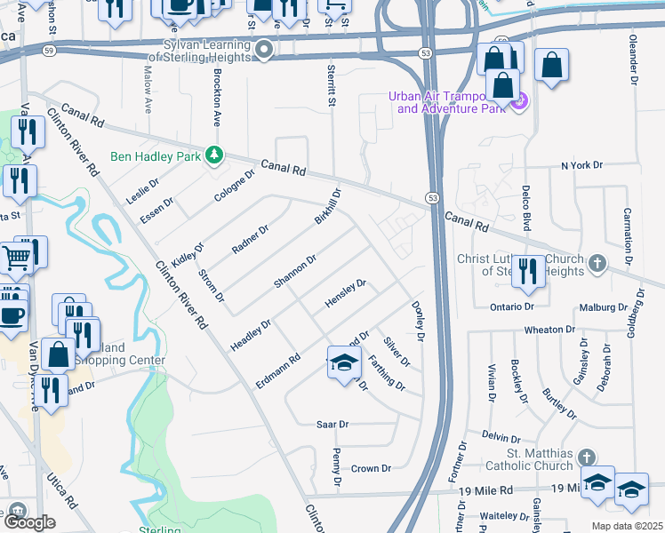 map of restaurants, bars, coffee shops, grocery stores, and more near 9003 Headley Dr in Sterling Heights