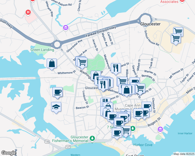 map of restaurants, bars, coffee shops, grocery stores, and more near 9 Derby St in Gloucester