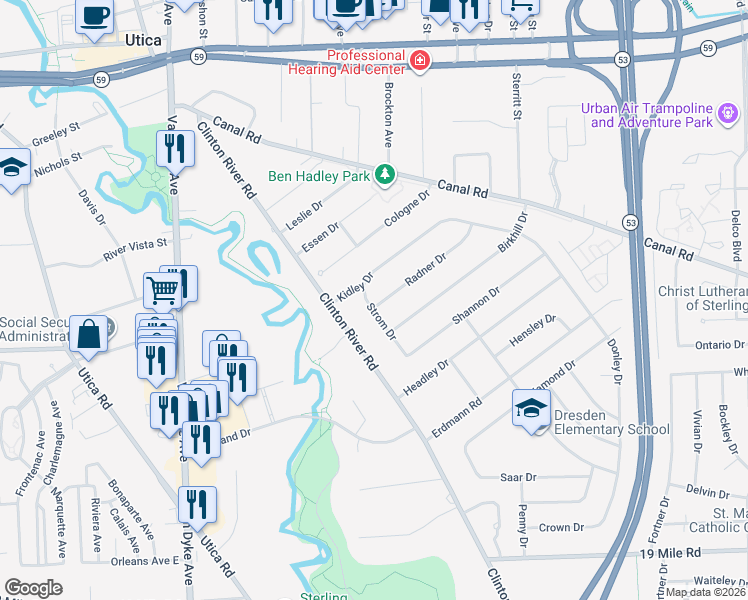 map of restaurants, bars, coffee shops, grocery stores, and more near 8643 Strom Drive in Sterling Heights