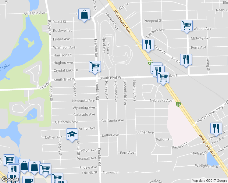 map of restaurants, bars, coffee shops, grocery stores, and more near 426 Highland Avenue in Pontiac