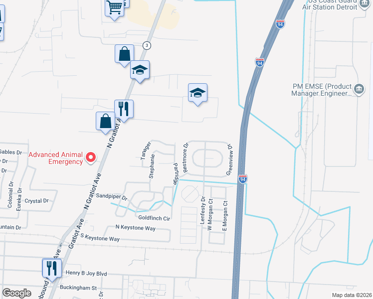 map of restaurants, bars, coffee shops, grocery stores, and more near 43624 Restmore Drive in Macomb County