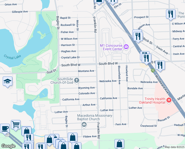 map of restaurants, bars, coffee shops, grocery stores, and more near 460 Nevada Avenue in Pontiac