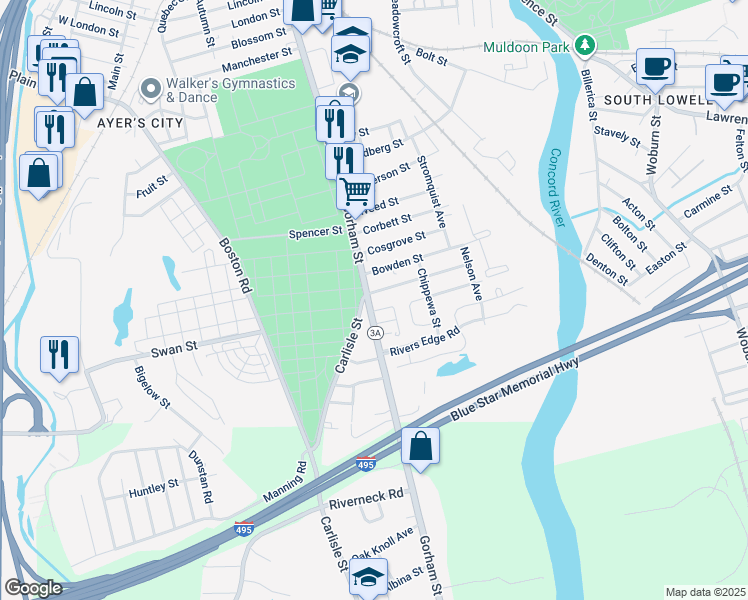 map of restaurants, bars, coffee shops, grocery stores, and more near 1392 Gorham Street in Lowell