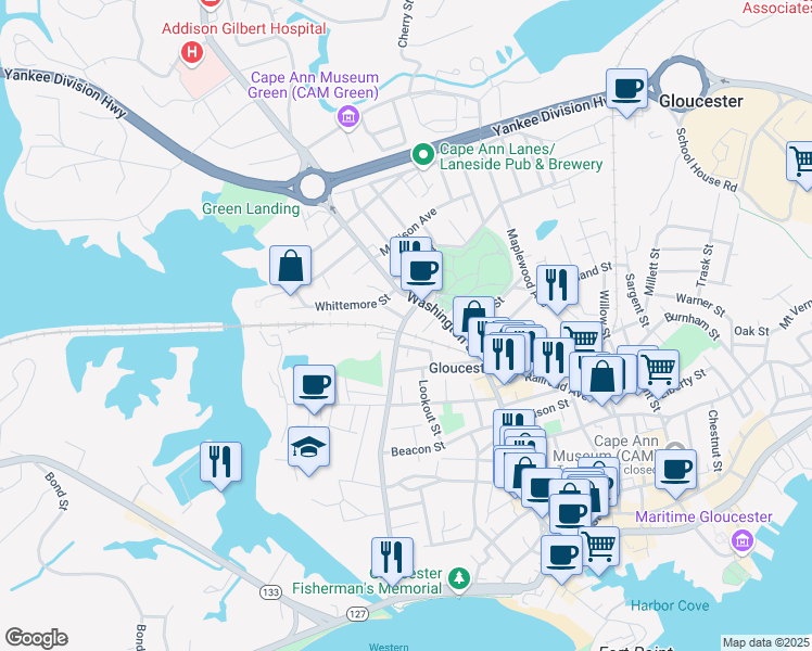 map of restaurants, bars, coffee shops, grocery stores, and more near 109 Centennial Avenue in Gloucester