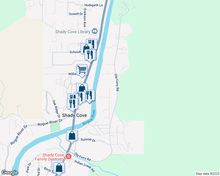 map of restaurants, bars, coffee shops, grocery stores, and more near 698 Melrose Ln in Shady Cove