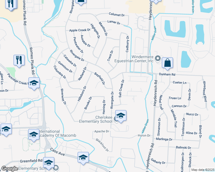 map of restaurants, bars, coffee shops, grocery stores, and more near 20185 Bayfield Drive in Clinton Township