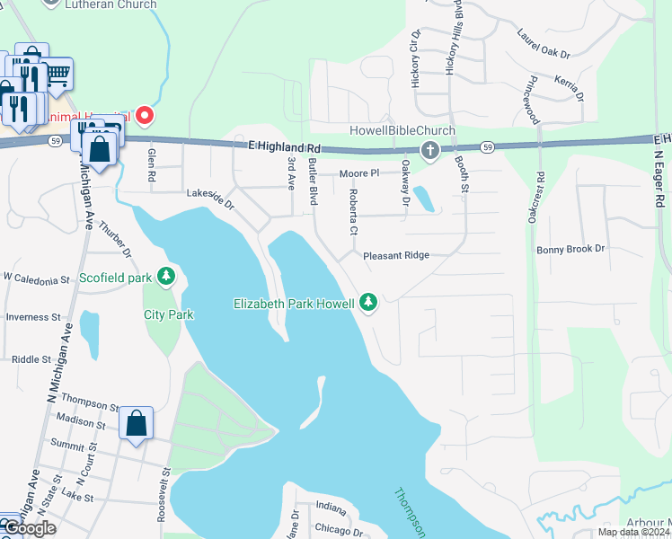map of restaurants, bars, coffee shops, grocery stores, and more near 1191 Butler Boulevard in Howell