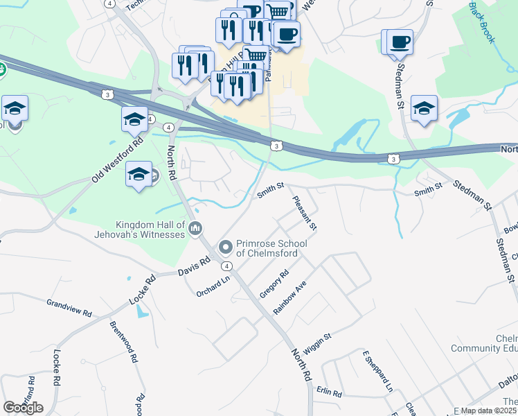 map of restaurants, bars, coffee shops, grocery stores, and more near 86 Smith Street in Chelmsford