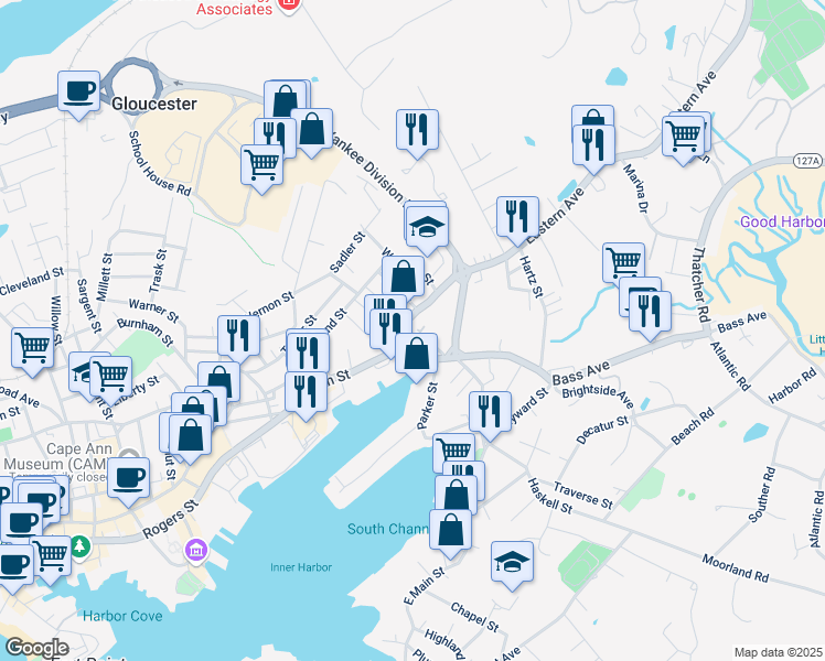 map of restaurants, bars, coffee shops, grocery stores, and more near 6 Cross Street in Gloucester