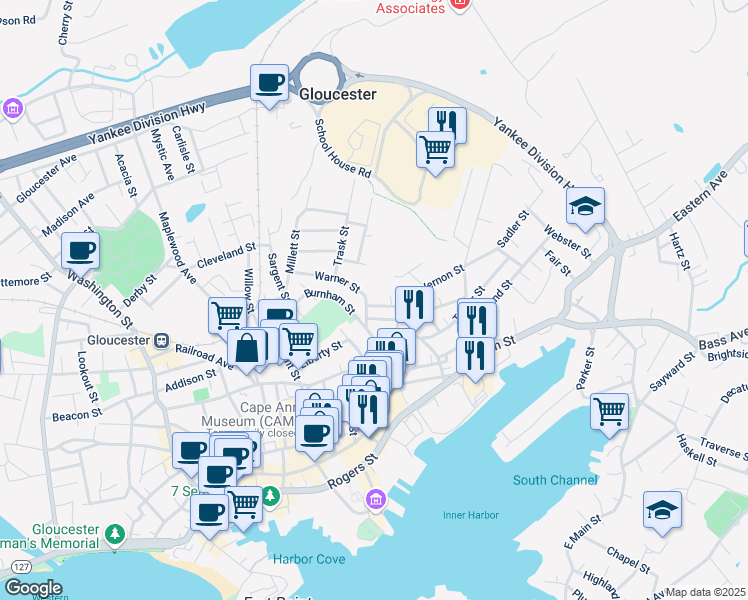 map of restaurants, bars, coffee shops, grocery stores, and more near 6R Oak Street in Gloucester