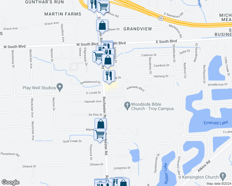 map of restaurants, bars, coffee shops, grocery stores, and more near 1216 Alameda Boulevard in Troy