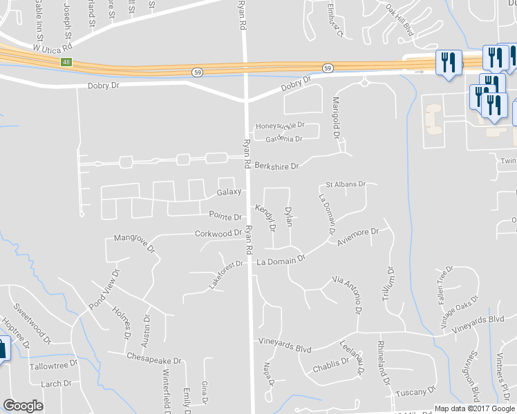 map of restaurants, bars, coffee shops, grocery stores, and more near 44154 Kendyl Drive in Sterling Heights