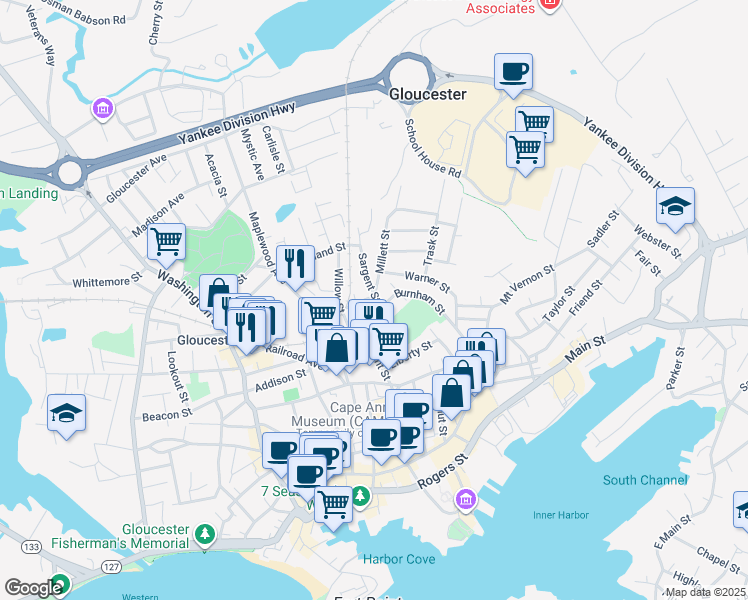 map of restaurants, bars, coffee shops, grocery stores, and more near 6 Cedar Street in Gloucester