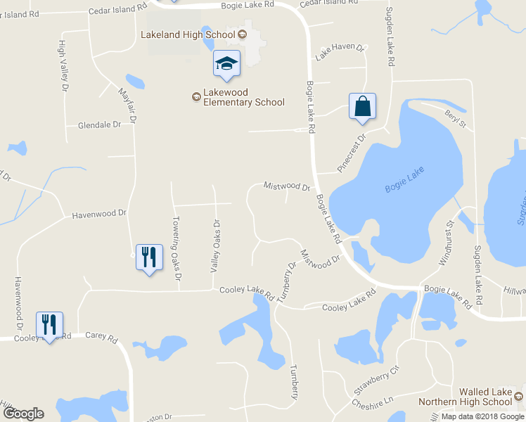 map of restaurants, bars, coffee shops, grocery stores, and more near 7407 Mistwood Drive in White Lake charter Township