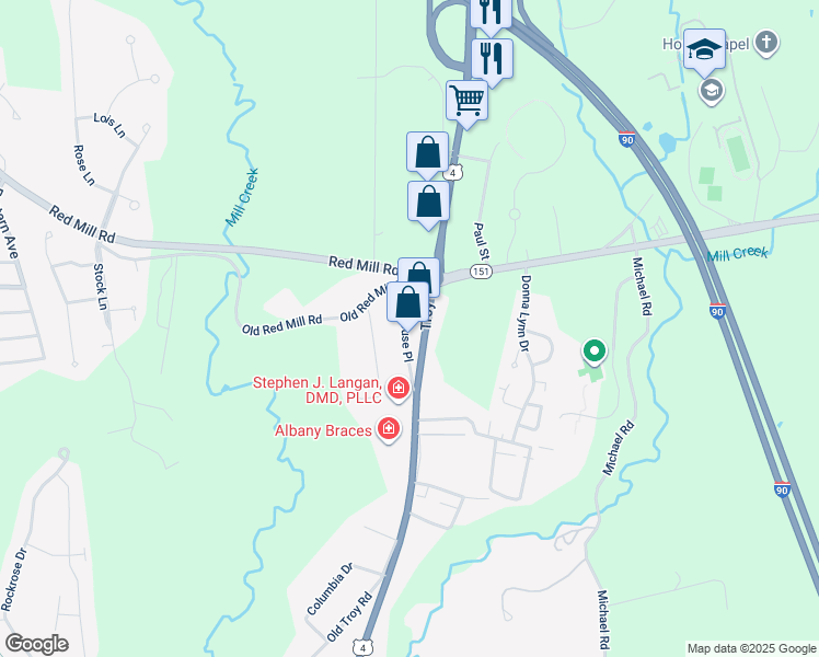 map of restaurants, bars, coffee shops, grocery stores, and more near 8 Couse Place in East Greenbush