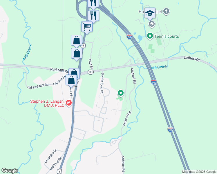 map of restaurants, bars, coffee shops, grocery stores, and more near 51 Stirrup Drive in East Greenbush