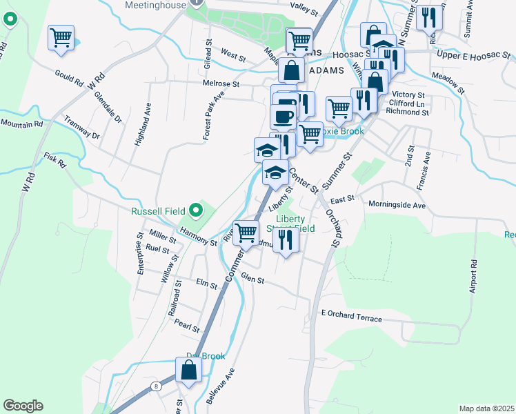 map of restaurants, bars, coffee shops, grocery stores, and more near 27-29 Commercial Street in Adams