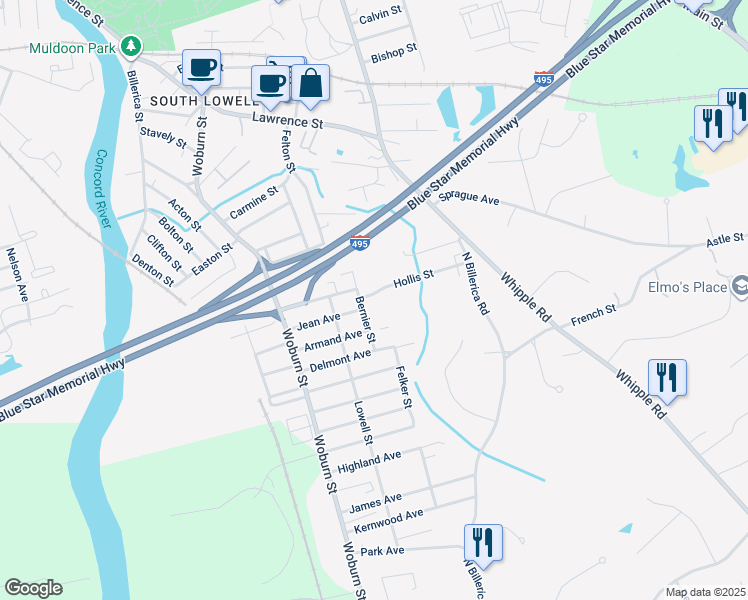 map of restaurants, bars, coffee shops, grocery stores, and more near 11 Hollis Street in Lowell