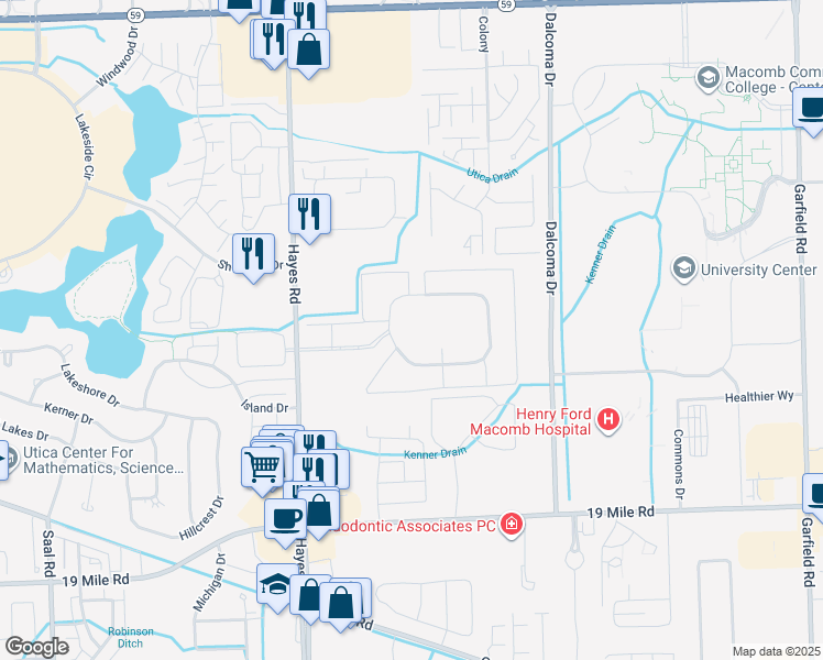 map of restaurants, bars, coffee shops, grocery stores, and more near 15770 Lakeside Village Drive in Clinton Township