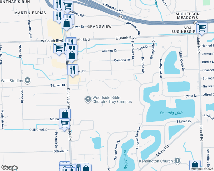 map of restaurants, bars, coffee shops, grocery stores, and more near 1327 Alameda Blvd in Troy