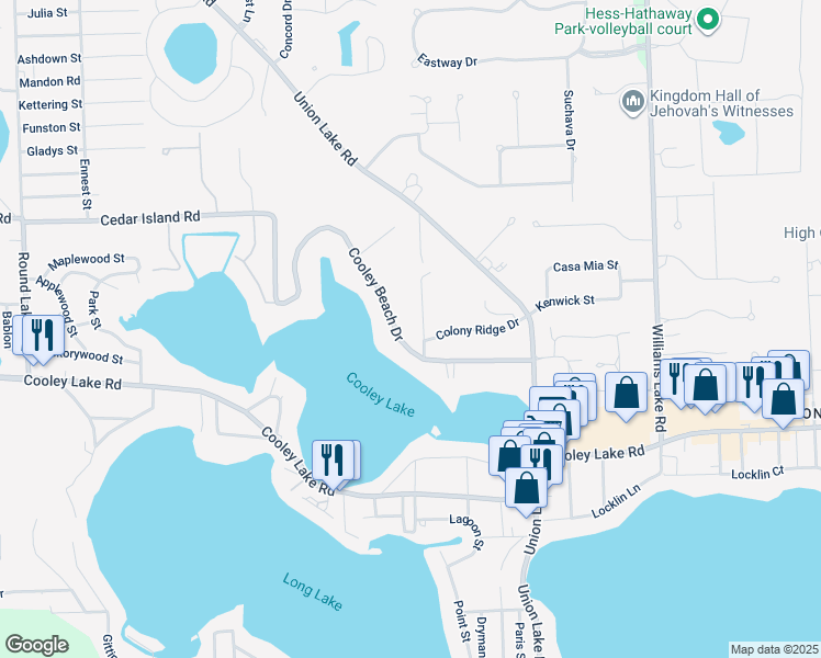 map of restaurants, bars, coffee shops, grocery stores, and more near 8526 Cooley Beach Drive in Oakland County