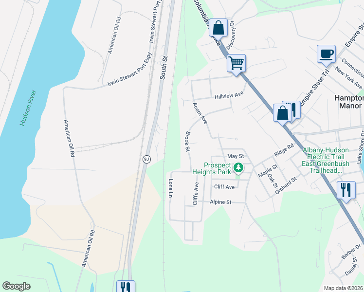 map of restaurants, bars, coffee shops, grocery stores, and more near 26 Brook Street in Rensselaer