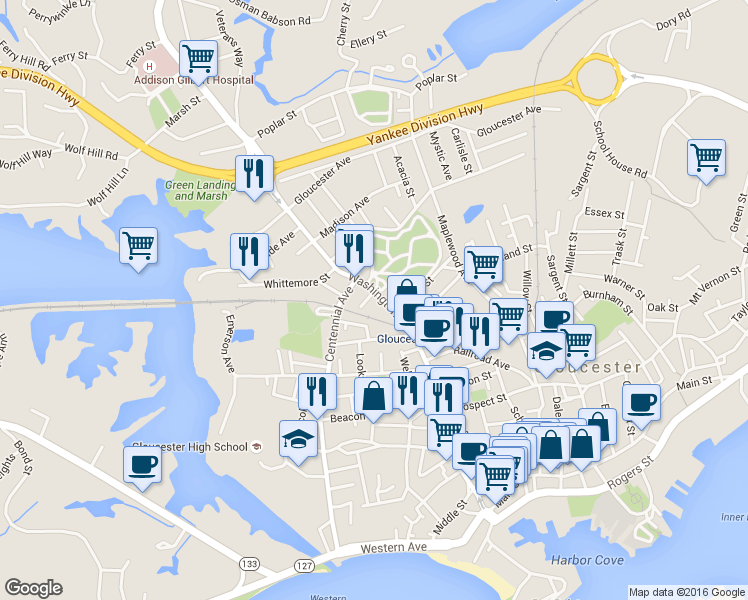 map of restaurants, bars, coffee shops, grocery stores, and more near 162 Washington Street in Gloucester