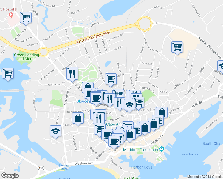 map of restaurants, bars, coffee shops, grocery stores, and more near 50 Maplewood Avenue in Gloucester