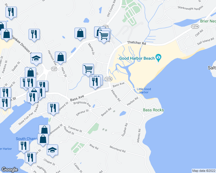 map of restaurants, bars, coffee shops, grocery stores, and more near 108 Bass Avenue in Gloucester