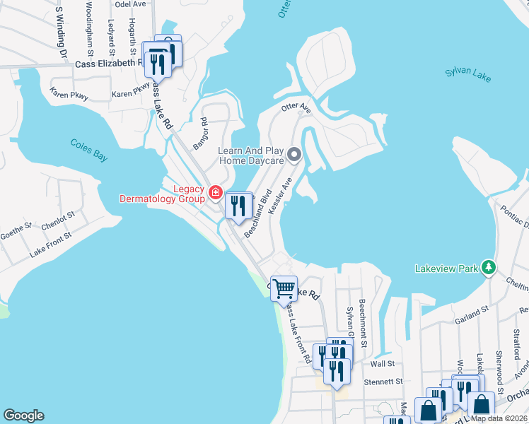 map of restaurants, bars, coffee shops, grocery stores, and more near 1473 Kessler Avenue in Waterford Township