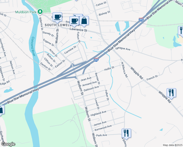 map of restaurants, bars, coffee shops, grocery stores, and more near 51 Christman Avenue in Lowell
