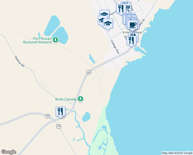map of restaurants, bars, coffee shops, grocery stores, and more near 1 Wood Duck Way in Port Rowan