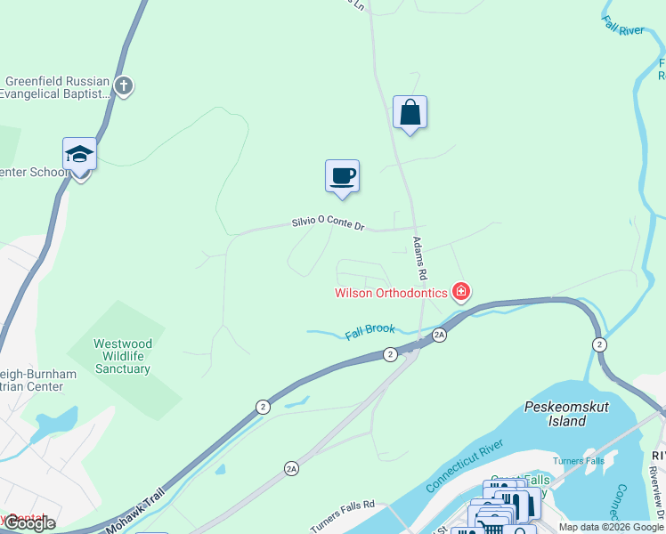 map of restaurants, bars, coffee shops, grocery stores, and more near 42 Adams Road in Greenfield