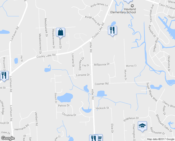 map of restaurants, bars, coffee shops, grocery stores, and more near 1382 Hiller Road in Waterford Township