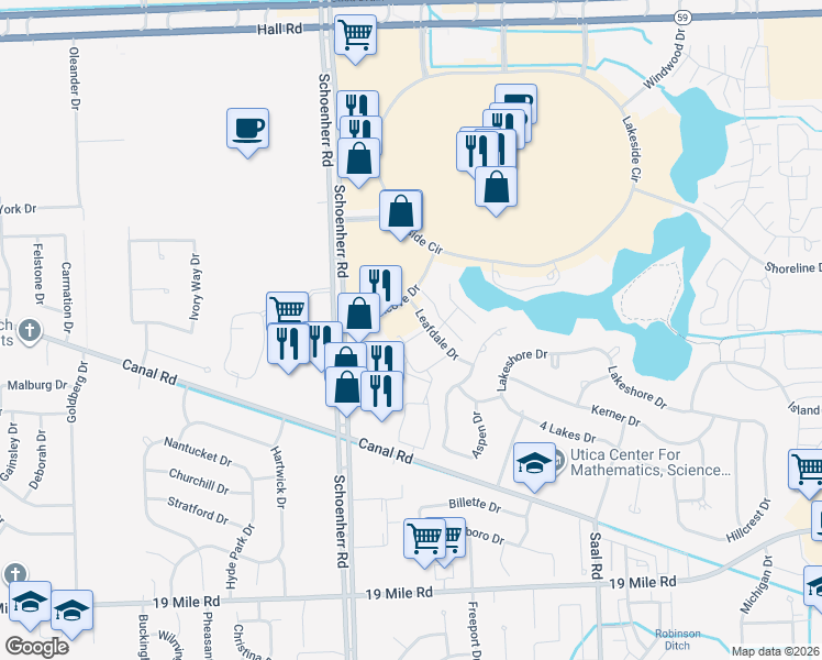 map of restaurants, bars, coffee shops, grocery stores, and more near 13820 Horseshoe Drive in Sterling Heights
