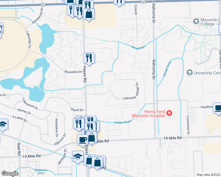 map of restaurants, bars, coffee shops, grocery stores, and more near Lakeside Village Drive in Charter Township of Clinton