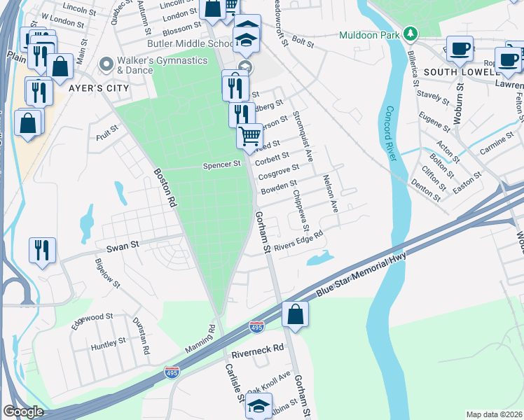 map of restaurants, bars, coffee shops, grocery stores, and more near 1392 Gorham Street in Lowell