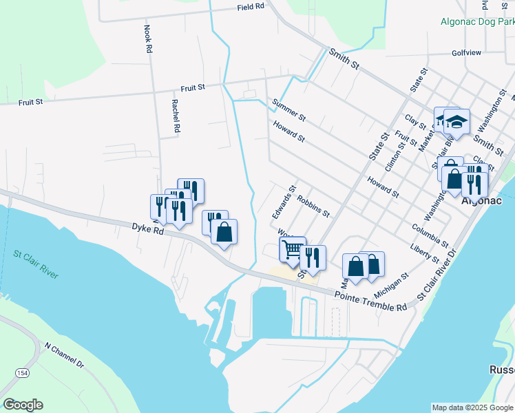 map of restaurants, bars, coffee shops, grocery stores, and more near 521 Sheldon Street in Algonac