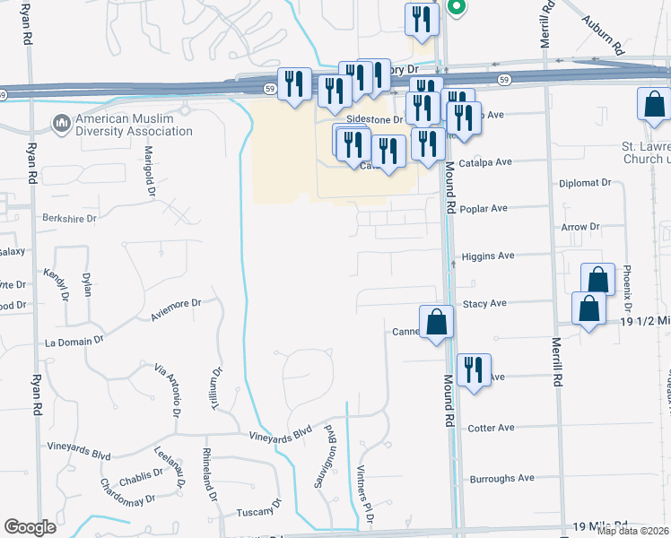 map of restaurants, bars, coffee shops, grocery stores, and more near 5192 Pine Aires Drive in Sterling Heights