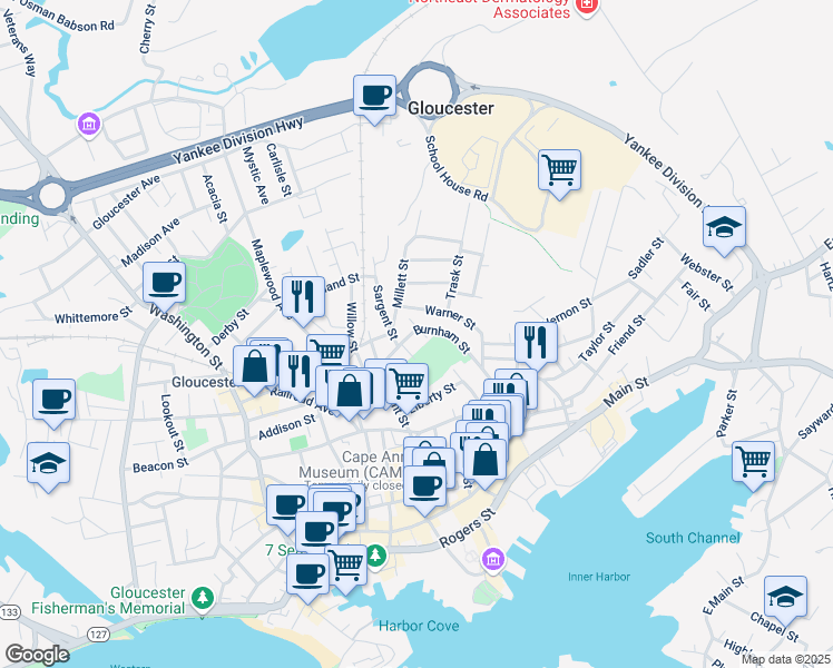 map of restaurants, bars, coffee shops, grocery stores, and more near 13 Burnham Street in Gloucester