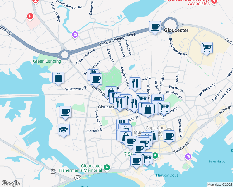 map of restaurants, bars, coffee shops, grocery stores, and more near 9 Derby Street in Gloucester