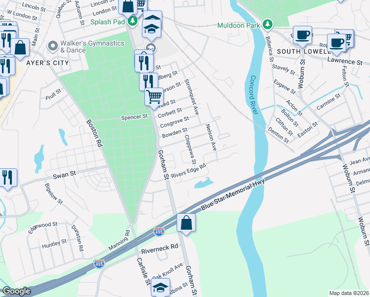 map of restaurants, bars, coffee shops, grocery stores, and more near 17 McGuigan Circle in Lowell