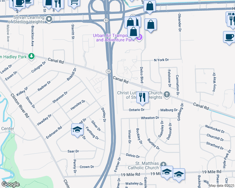 map of restaurants, bars, coffee shops, grocery stores, and more near 43924 Freeway Drive in Sterling Heights