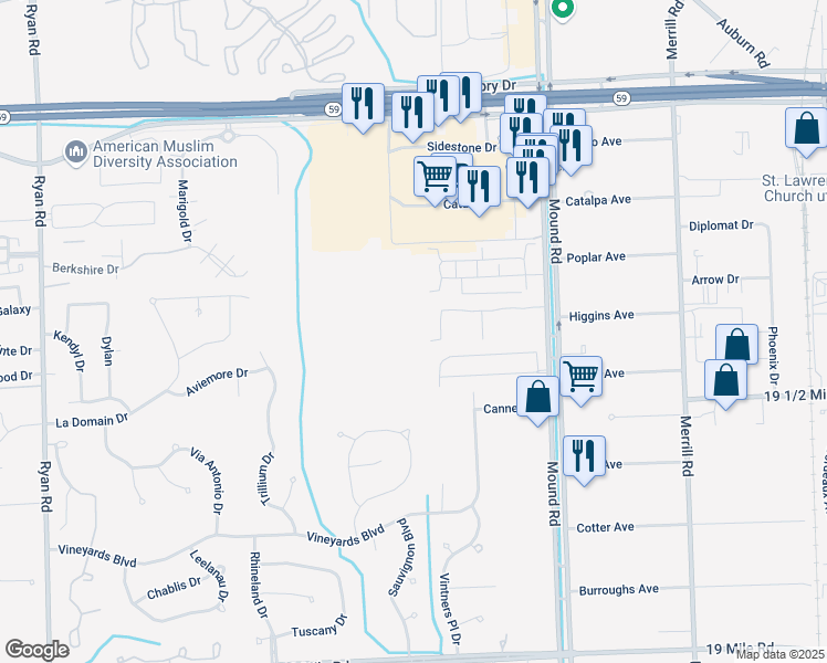 map of restaurants, bars, coffee shops, grocery stores, and more near 5192 Pine Aires Drive in Sterling Heights