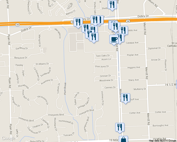 map of restaurants, bars, coffee shops, grocery stores, and more near 5184 Pine Aires Drive in Sterling Heights