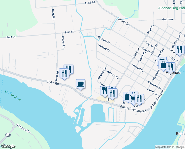map of restaurants, bars, coffee shops, grocery stores, and more near 521 Sheldon Street in Algonac