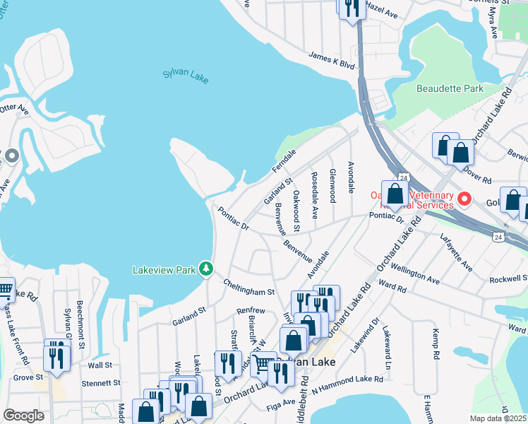 map of restaurants, bars, coffee shops, grocery stores, and more near 2297 Garland St in Sylvan Lake