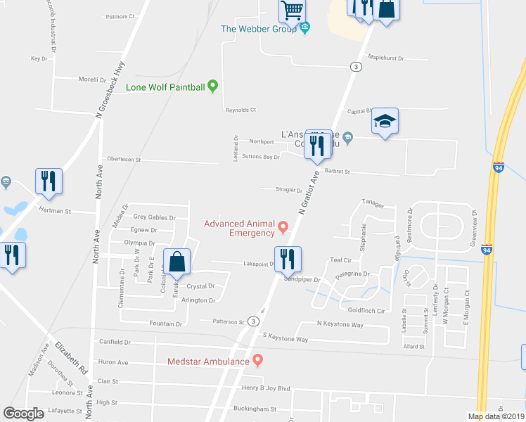 map of restaurants, bars, coffee shops, grocery stores, and more near 43785 North Gratiot Avenue in Clinton Township