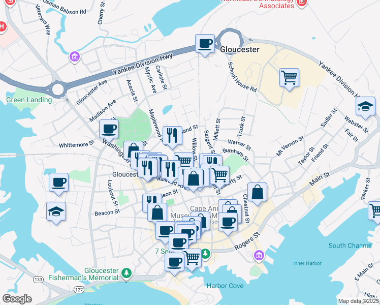 map of restaurants, bars, coffee shops, grocery stores, and more near 10 Willow Street in Gloucester